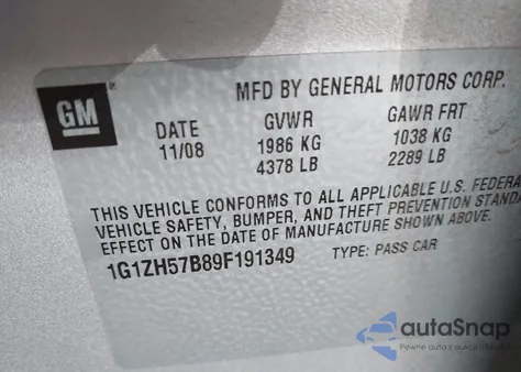 2009 Chevrolet Malibu Lt из США, поврежденный, VIN 1G1ZH57B89F191349